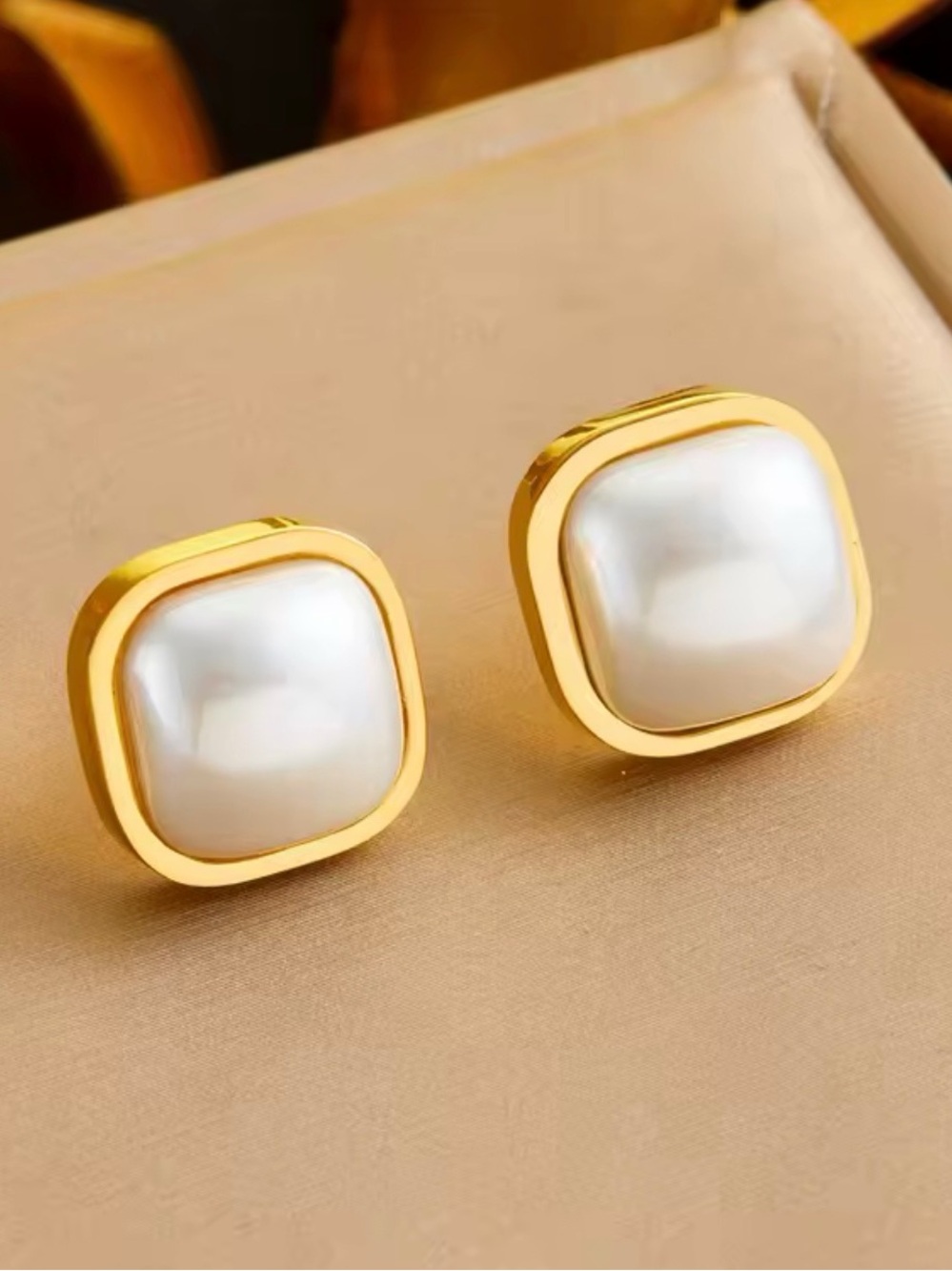 316L Stainless Steel Square Pearl Look Stud Earrings Gold Tone Statement Jewelry